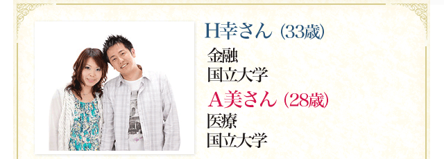 Ｈ幸さん（33歳）金融 国立大学 Ａ美さん（28歳） 医療 国立大学